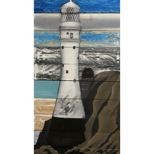 108 - KEN PARKER (Irish, 20th Century), ‘FASTNET LIGHTHOUSE’, encaustic on wooden panels, signed lower rig... 