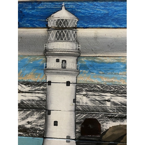 108 - KEN PARKER (Irish, 20th Century), ‘FASTNET LIGHTHOUSE’, encaustic on wooden panels, signed lower rig... 