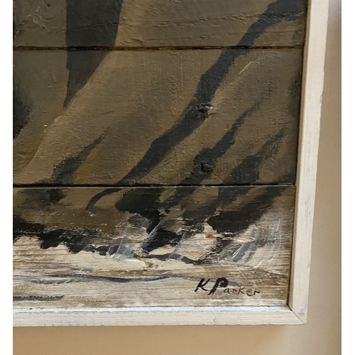 108 - KEN PARKER (Irish, 20th Century), ‘FASTNET LIGHTHOUSE’, encaustic on wooden panels, signed lower rig... 