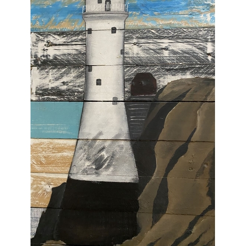 108 - KEN PARKER (Irish, 20th Century), ‘FASTNET LIGHTHOUSE’, encaustic on wooden panels, signed lower rig... 