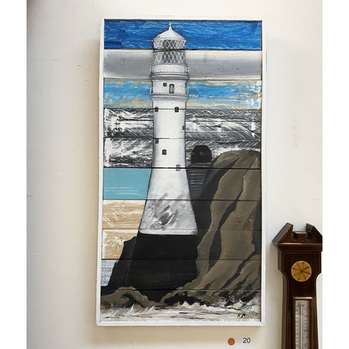 108 - KEN PARKER (Irish, 20th Century), ‘FASTNET LIGHTHOUSE’, encaustic on wooden panels, signed lower rig... 