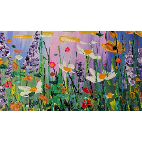 114 - ÁINE KEATING, (IRISH 20TH CENTURY), GLADE OF FLOWERS, acrylic on board, signed verso. Dimensions :fr... 