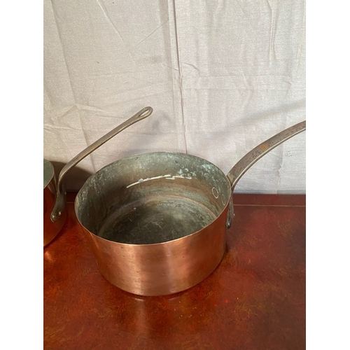 126 - TWO LARGE HEAVY VINTAGE COPPER SAUCEPANS, with cast iron handles.