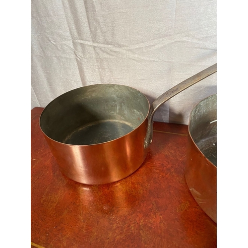 126 - TWO LARGE HEAVY VINTAGE COPPER SAUCEPANS, with cast iron handles.