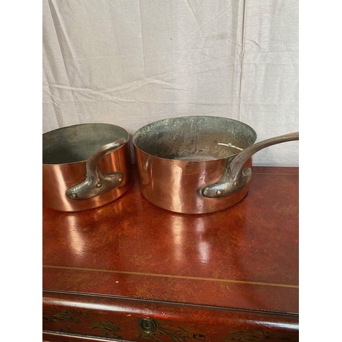 126 - TWO LARGE HEAVY VINTAGE COPPER SAUCEPANS, with cast iron handles.