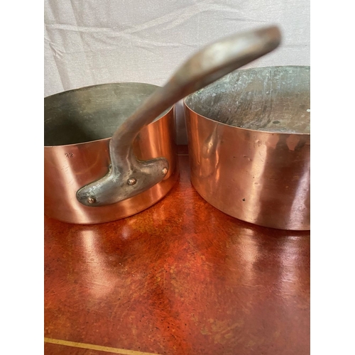 126 - TWO LARGE HEAVY VINTAGE COPPER SAUCEPANS, with cast iron handles.