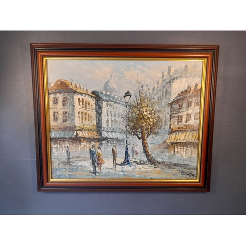 131 - CAROLINE BURNETT (American, 20th Century), oil on canvas, signed lower right, depicting cityscape wi... 