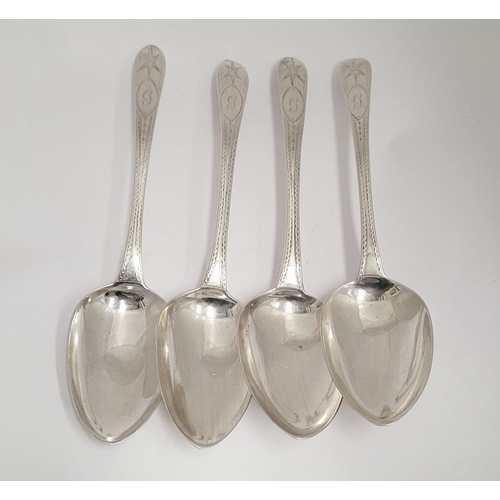 17 - A SET OF FOUR GEORGE IV IRISH BRIGHT CUT SERVING SPOONS, Hallmarked Makers S. Neville Dublin 1822. E... 