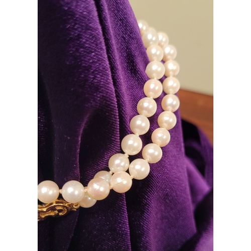 21 - A VERY FINE & RARE HAND KNOTTED PEARL NECKLACE WITH 9CT YELLOW GOLD & SOLITARE DIAMOND CLASP, the cl... 