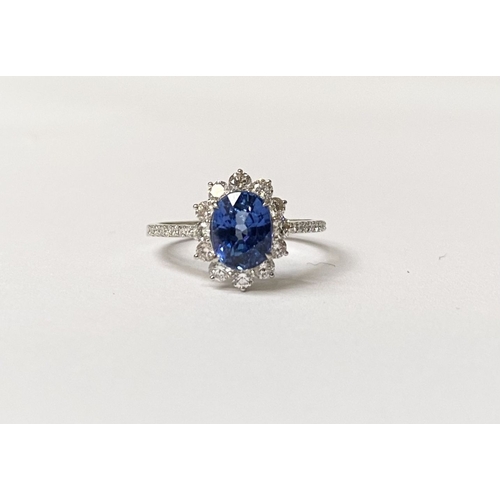 31 - AN 18CT WHITE GOLD CEYLON SAPPHIRE AND DIAMOND CLUSTER RING, with central vibrant Ceylon sapphire in... 