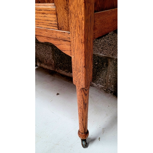 38 - A VERY FINE ARTS & CRAFTS OAK MARBLE TOPPED TILED BACK WASH STAND / SERVING TABLE, the colour/tone o... 