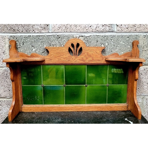 38 - A VERY FINE ARTS & CRAFTS OAK MARBLE TOPPED TILED BACK WASH STAND / SERVING TABLE, the colour/tone o... 