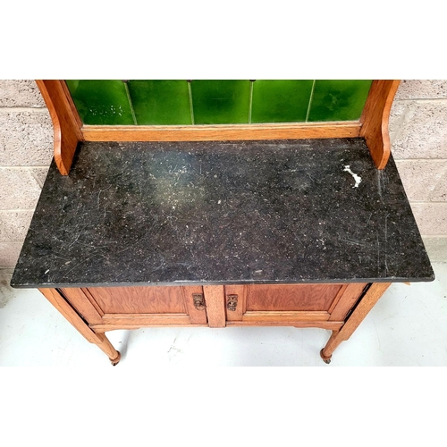 38 - A VERY FINE ARTS & CRAFTS OAK MARBLE TOPPED TILED BACK WASH STAND / SERVING TABLE, the colour/tone o... 