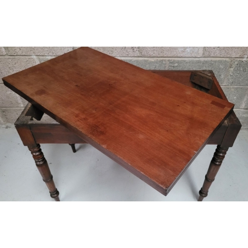 39 - AN IRISH 19TH CENTURY MAHOGANY FOLD OVER DINING / TEA TABLE, with brass hinges to the back of the fo... 