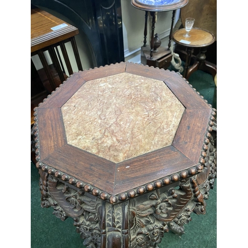 54 - AN EXCELLENT 19TH CENTURY CHINESE HARDWOOD OCTAGONAL MARBLE-TOPPED JARDINIERE STAND, the octagonal t... 