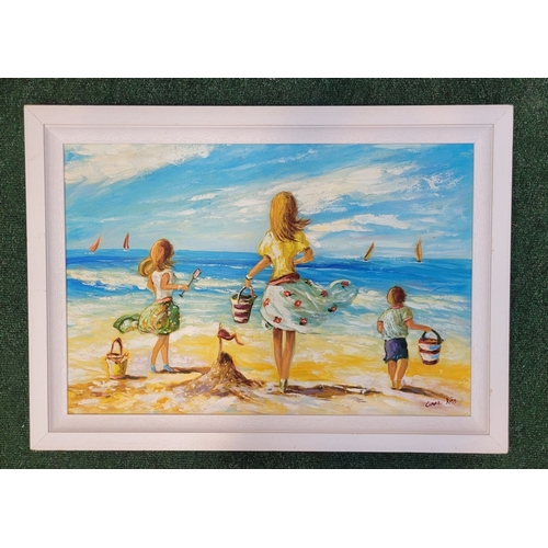 59 - CLAIRE ROSS, (IRISH 20TH CENTURY), BEACH DAY, acrylic on board, signed lower right. Dimensions: fram... 