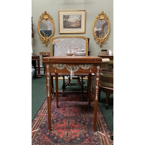 60 - AN EXCELLENT HAND-PAINTED FOLD OVER ENVELOPE CARD TABLE, with painted panels to top and floral desig... 