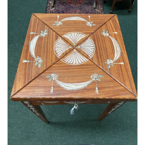 60 - AN EXCELLENT HAND-PAINTED FOLD OVER ENVELOPE CARD TABLE, with painted panels to top and floral desig... 