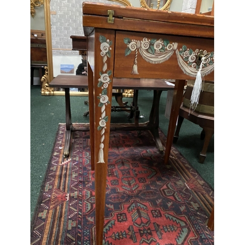 60 - AN EXCELLENT HAND-PAINTED FOLD OVER ENVELOPE CARD TABLE, with painted panels to top and floral desig... 