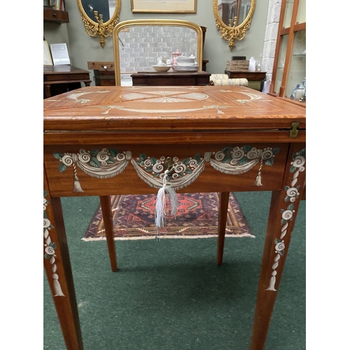 60 - AN EXCELLENT HAND-PAINTED FOLD OVER ENVELOPE CARD TABLE, with painted panels to top and floral desig... 