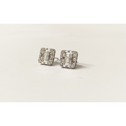 62 - A TIMELESS PAIR OF 18CT WHITE GOLD BAGUETTE CUT DIAMONDS STUD EARRINGS, with baguette and round cut ... 