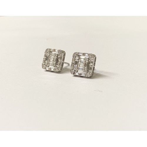 62 - A TIMELESS PAIR OF 18CT WHITE GOLD BAGUETTE CUT DIAMONDS STUD EARRINGS, with baguette and round cut ... 