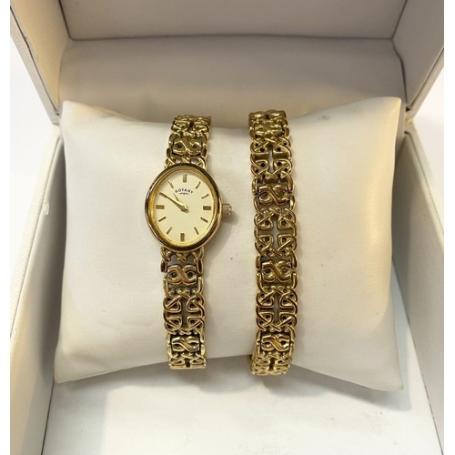 66 - A LOVELY GOLD PLATED CELTIC ROTARY LADIES WRISTWATCH AND BRACELET SET, in original case.