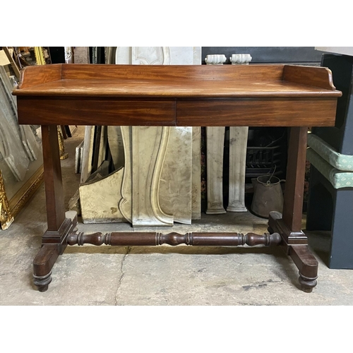 67 - AN EXCELLENT MAHOGANY SIDE TABLE, with three quarter gallery to top, two frieze drawers, standing on... 