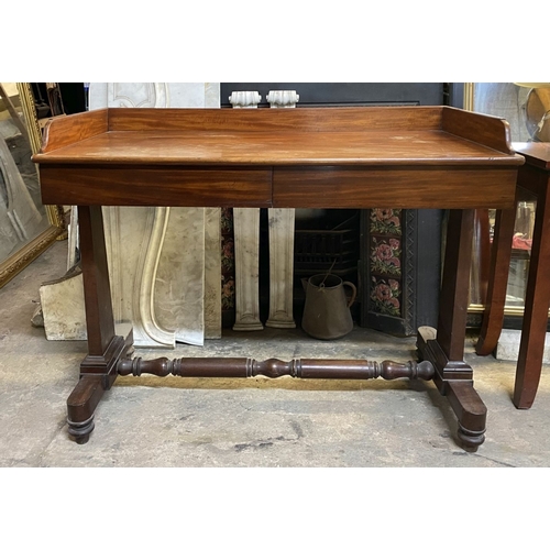 67 - AN EXCELLENT MAHOGANY SIDE TABLE, with three quarter gallery to top, two frieze drawers, standing on... 