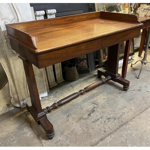 67 - AN EXCELLENT MAHOGANY SIDE TABLE, with three quarter gallery to top, two frieze drawers, standing on... 