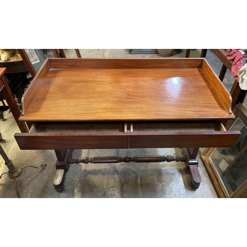 67 - AN EXCELLENT MAHOGANY SIDE TABLE, with three quarter gallery to top, two frieze drawers, standing on... 