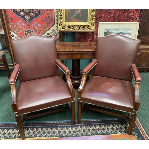 69 - A VERY FINE PAIR OF GAINSBOROUGH STYLE LEATHER ARM CHAIRS, with beaded trim to seat, backrest and ar... 