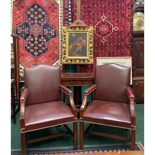 69 - A VERY FINE PAIR OF GAINSBOROUGH STYLE LEATHER ARM CHAIRS, with beaded trim to seat, backrest and ar... 