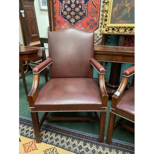 69 - A VERY FINE PAIR OF GAINSBOROUGH STYLE LEATHER ARM CHAIRS, with beaded trim to seat, backrest and ar... 