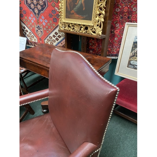 69 - A VERY FINE PAIR OF GAINSBOROUGH STYLE LEATHER ARM CHAIRS, with beaded trim to seat, backrest and ar... 