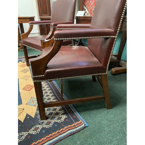 69 - A VERY FINE PAIR OF GAINSBOROUGH STYLE LEATHER ARM CHAIRS, with beaded trim to seat, backrest and ar... 