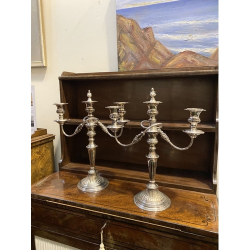 70 - PAIR OF DECORATIVE SHEFFIELD SILVER PLATED CANDLEABRA, each with three branches with scrolling flute... 