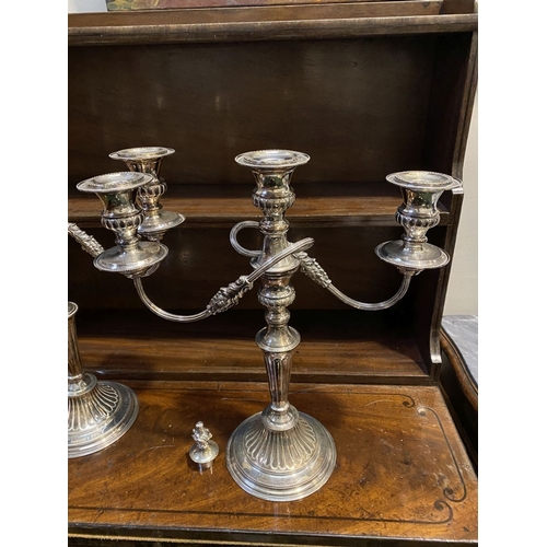 70 - PAIR OF DECORATIVE SHEFFIELD SILVER PLATED CANDLEABRA, each with three branches with scrolling flute... 