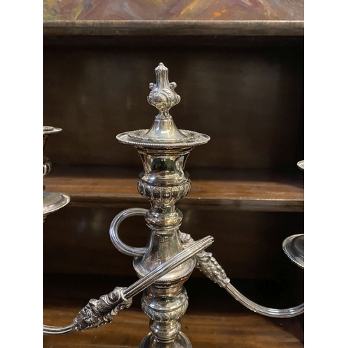 70 - PAIR OF DECORATIVE SHEFFIELD SILVER PLATED CANDLEABRA, each with three branches with scrolling flute... 