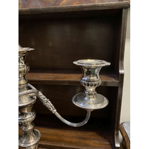 70 - PAIR OF DECORATIVE SHEFFIELD SILVER PLATED CANDLEABRA, each with three branches with scrolling flute... 