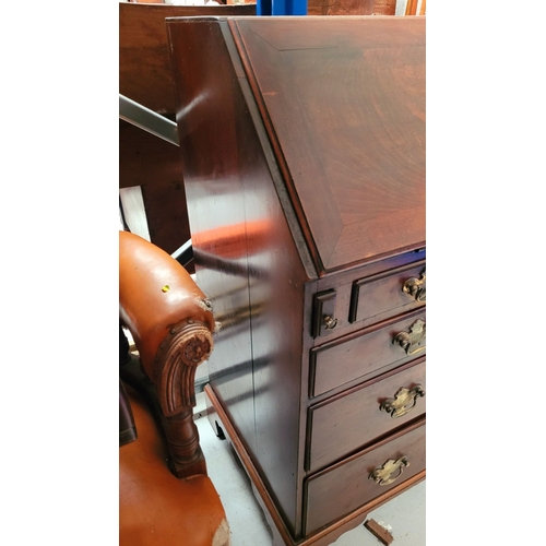 72 - A VERY GOOD QUALITY MAHOGANY FALL FRONT SECRETAIRE DESK, with a run of four graduated drawers to the... 