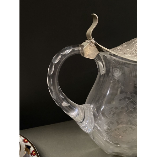 76 - A BEAUTIFUL ANTIQUE SILVER TOPPED ETCHED GLASS PITCHER, the silver top Marked 830, with beautiful fl... 