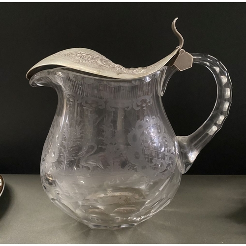 76 - A BEAUTIFUL ANTIQUE SILVER TOPPED ETCHED GLASS PITCHER, the silver top Marked 830, with beautiful fl... 