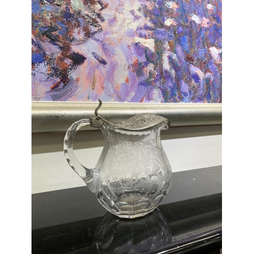 76 - A BEAUTIFUL ANTIQUE SILVER TOPPED ETCHED GLASS PITCHER, the silver top Marked 830, with beautiful fl... 