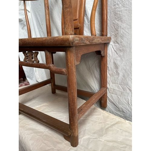 96 - A PAIR OF CHINESE HARDWOOD THRONE STYLE CHAIRS, each with carved detail to the back panels and under... 