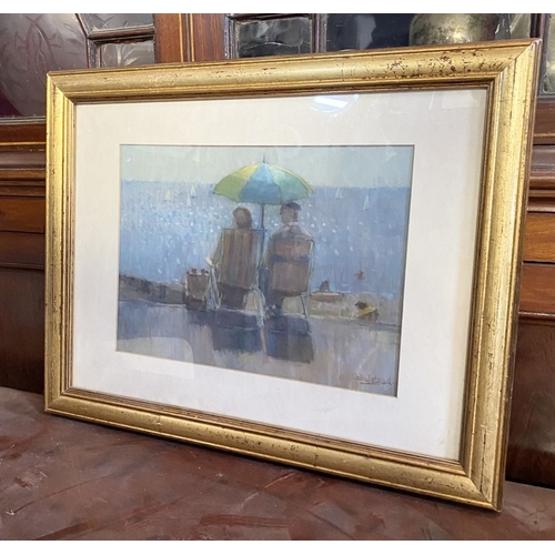 97 - G. HALSTEAD (20th Century), oil on board, signed lower right, depicting beach scene with seated coup... 