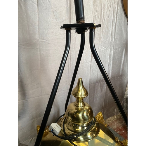 98 - A LARGE BRASS HANGING LANTERN, with black metal tri-bar supports/bracket, the lantern has frosted gl... 