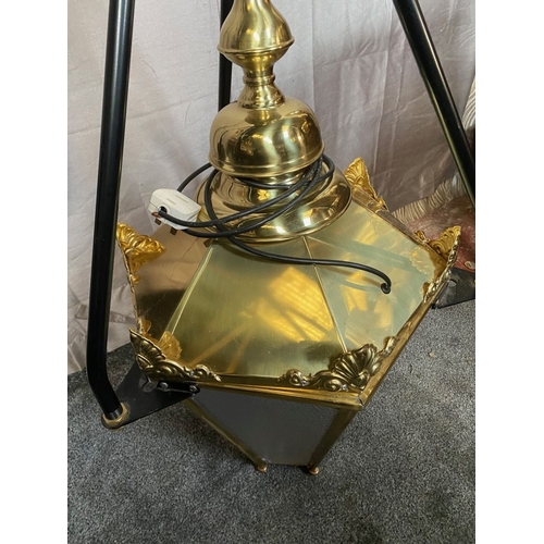 98 - A LARGE BRASS HANGING LANTERN, with black metal tri-bar supports/bracket, the lantern has frosted gl... 