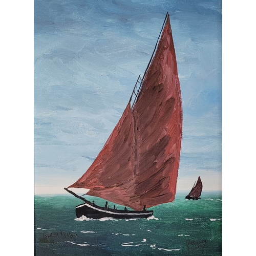 99 - GERRY DILLON, (IRISH 20TH CENTURY), GALWAY HOOKERS, oil on canvas board, signed lower left, inscribe... 