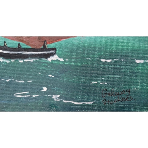 99 - GERRY DILLON, (IRISH 20TH CENTURY), GALWAY HOOKERS, oil on canvas board, signed lower left, inscribe... 